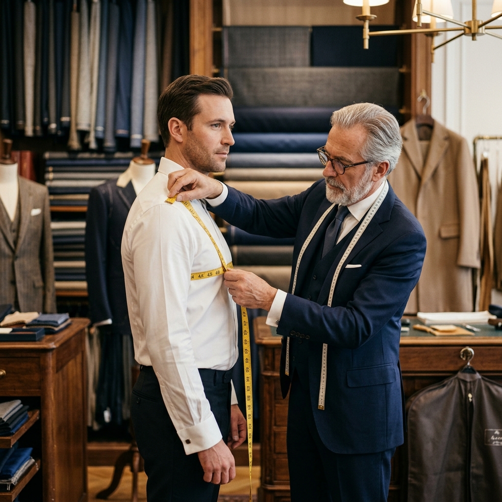 Master tailor taking measurements for bespoke tailoring in Kolkata - Tanbir Style Zone